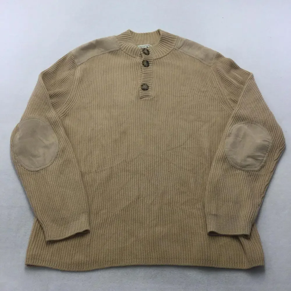 Banana Republic Sweater Mens 2XL Beige Henley Mock Neck Suede Elbow Patches Knit